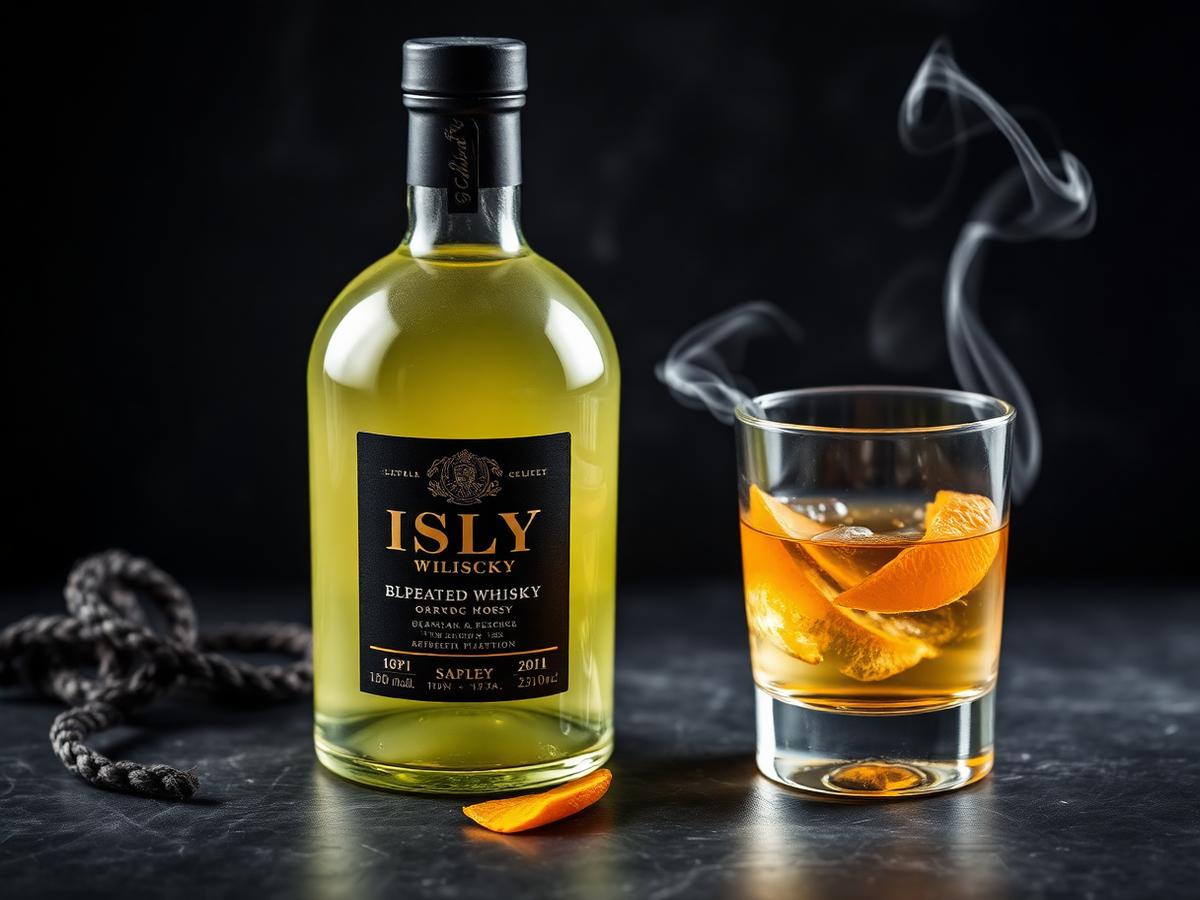 Pale peated whisky beside a tumbler with orange peel and curling smoke