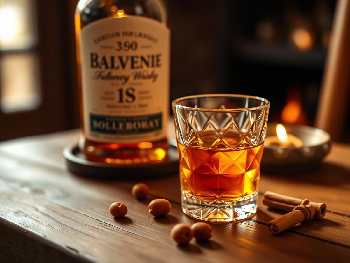 Honey-toned Speyside whisky in a cut-crystal tumbler by a fireside