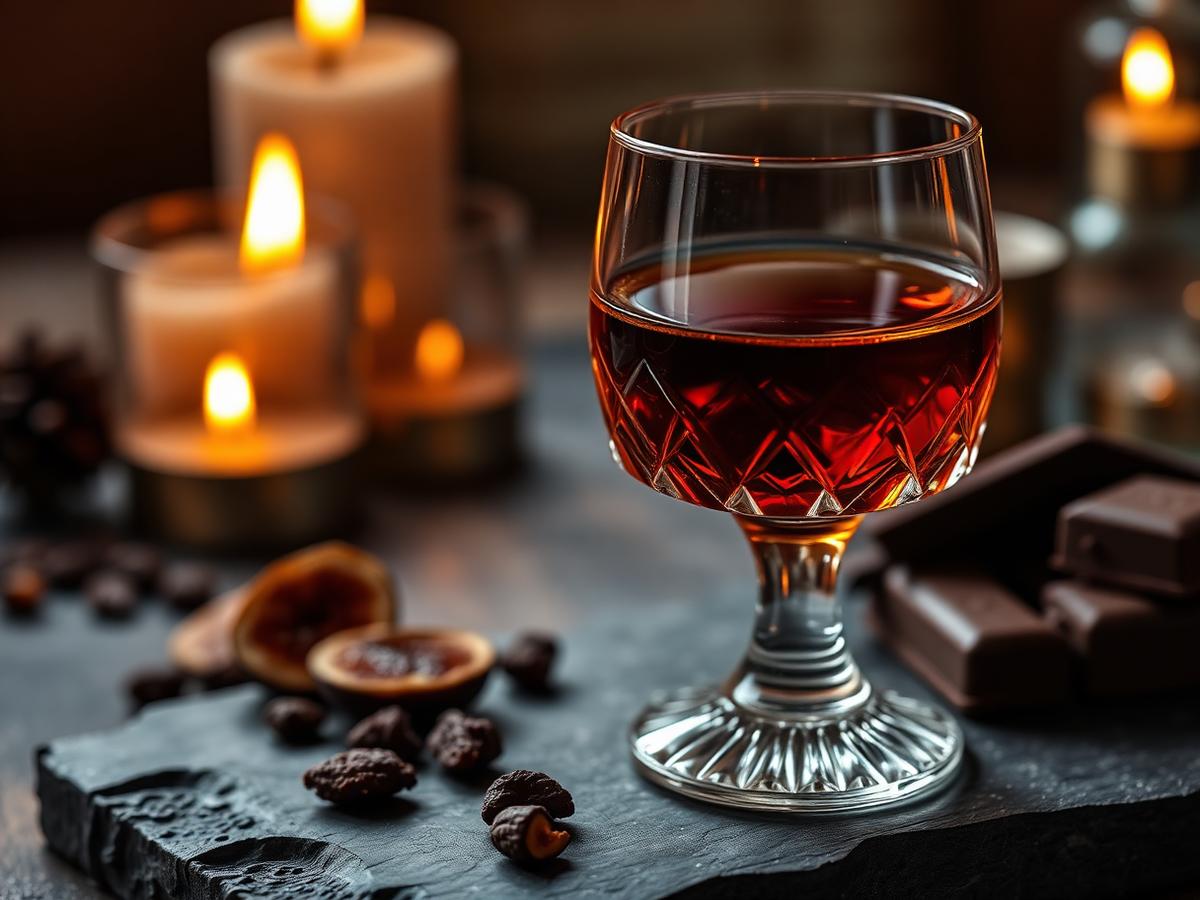Deep sherry-cask whisky in a crystal glass with figs and dark chocolate by candlelight