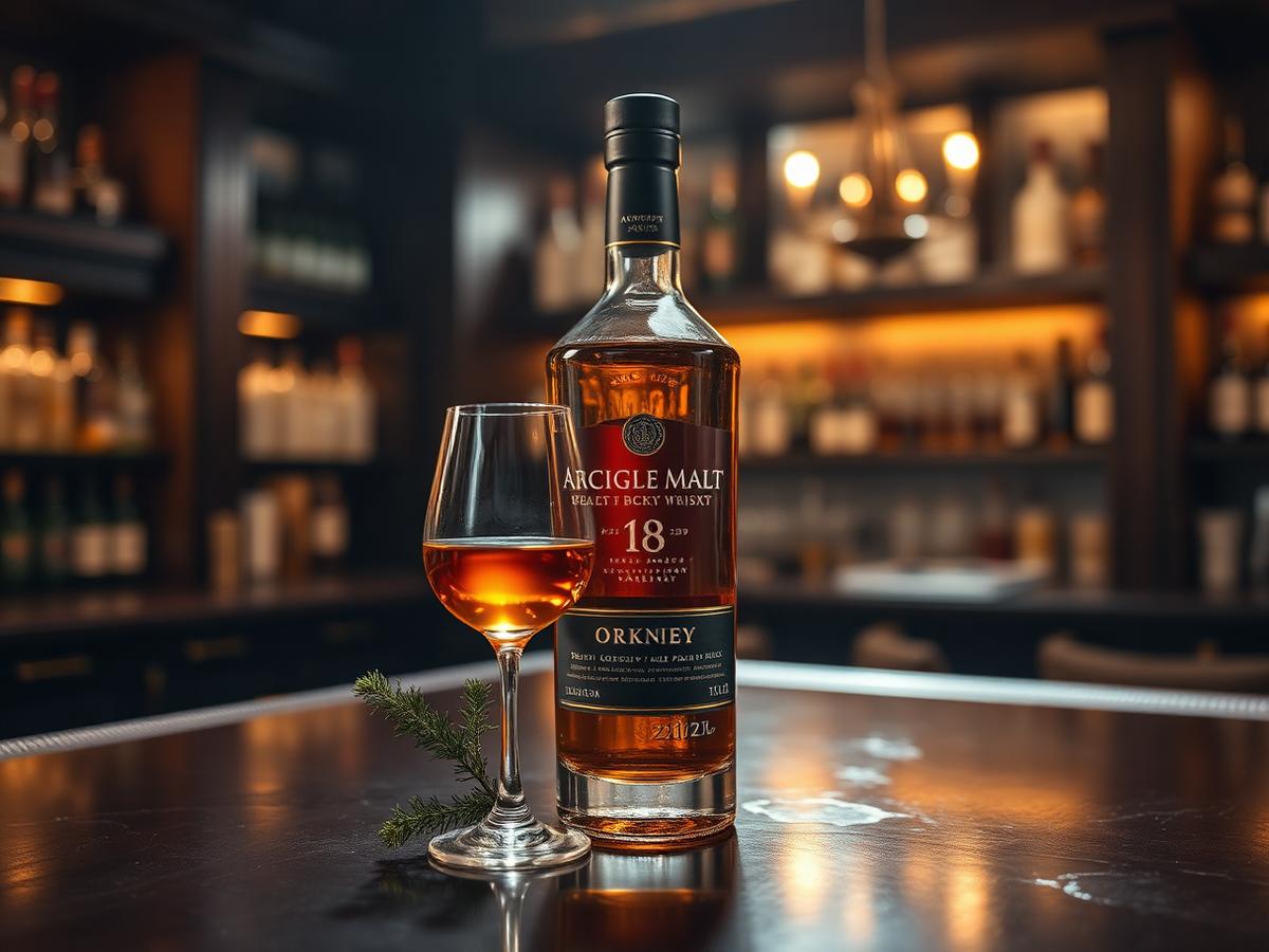 Aged Orkney single malt bottle on a polished bar under warm lamplight