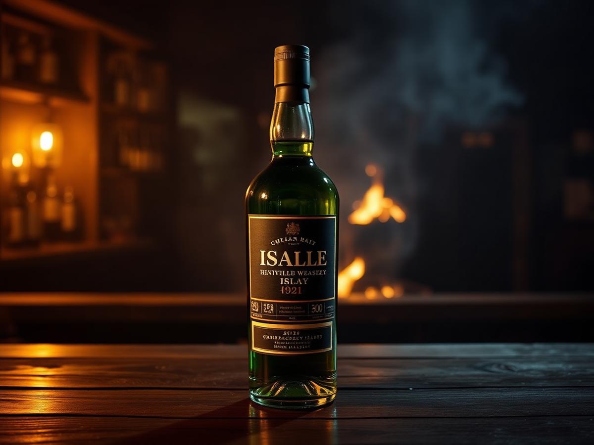 Dark Islay whisky bottle on a bar with a distant bonfire glow