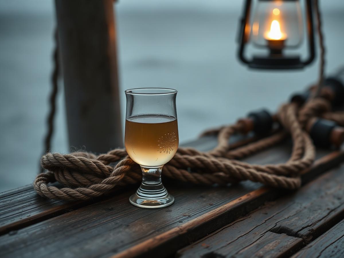 Pale Campbeltown whisky on weathered dock timbers with rope and a lantern